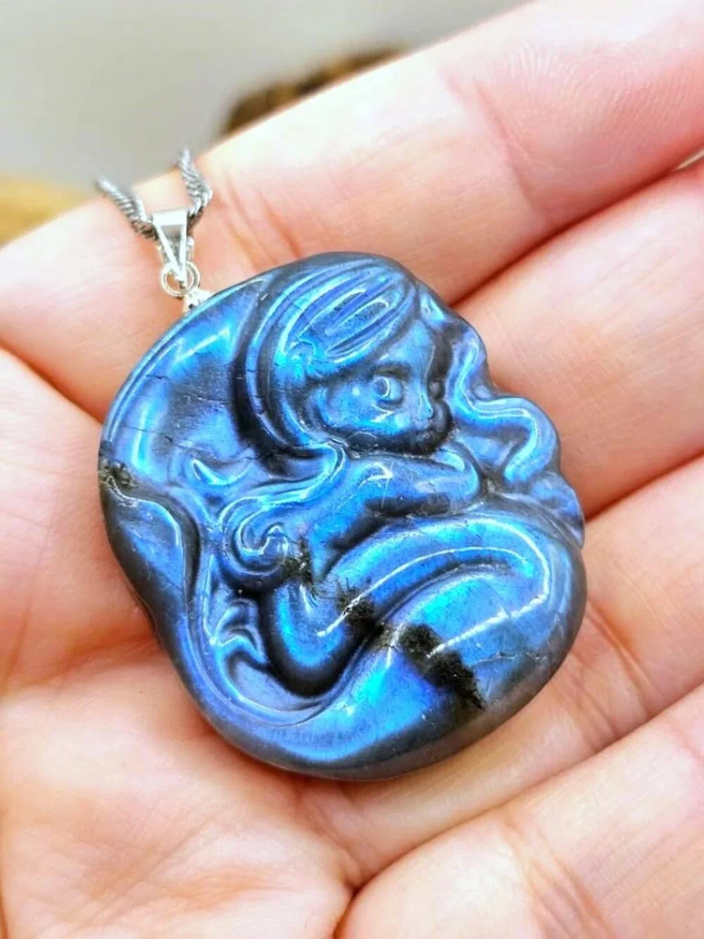 Natural Labradorite Carved Sleeping Mermaid Pendant Necklace